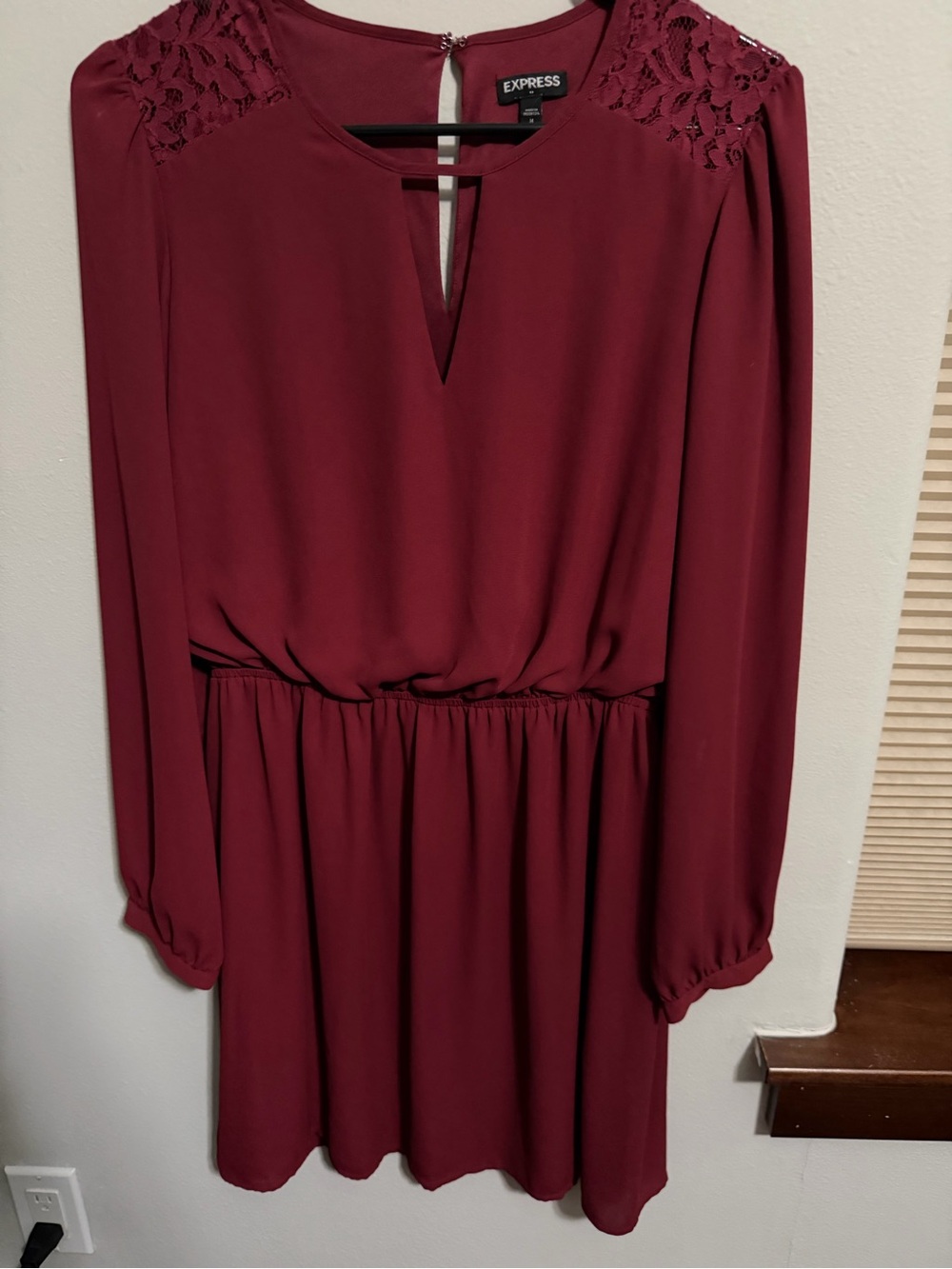 Express Long-Sleeve Lace-Shoulder Dress in Burgundy